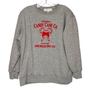 State Of Mine Wms S Candy Cane Embroidered Gray Sweatshirt Christmas Holiday